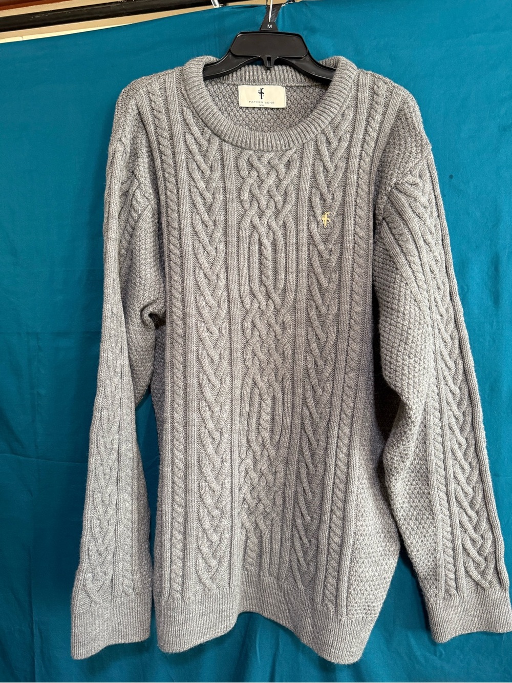 Men’s Grey Cable Knit Sweater with Gold Cross Emblem - Made by Father Sons